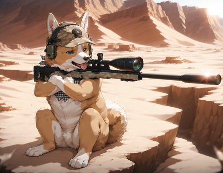 masterpiece, best quality, amazing quality, very aesthetic, absurdres,sunlight, heat, arid, on a cliff,lense flare,chromatic aberration
, 1other, welsh corgi,tongue out,detailed eyes,animal focus, no humans,black and white houndstooth neckerchief,fluffy fur,fluffy ears,desert camouflage hat,paws,headset
,5n1p3r_cr4dl3, sniper on arm, holding desert camouflage sniper,crossed arms, arm on top, sitting, wrist grab, cradle
, <lora:seated_sniper_cradle_ill_v3.5:1>