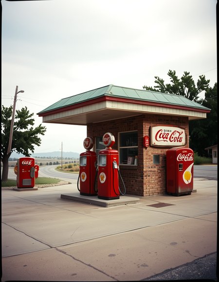 A realistic vintage photograph of a 1950s American gas station with no people present. The small brick building has a flat roof with a wide canopy extending over two classic red gas pumps from the 1950s, featuring chrome details, round meters, spiral hoses, and retro branding like "Texaco" or "Shell".The ground is old concrete with cracks and oil stains. Beside the station, there's a vintage Coca-Cola vending machine and a hand-painted wall sign that reads âDrive Safely!â. The sky is lightly overcast, casting soft shadows and a nostalgic mood. In the background, leafy trees, distant low hills, and an empty country road stretch into the distance. The photo has a slightly faded, desaturated color palette with warm vintage tones and a subtle grain, mimicking the look of 1950s Kodak film photography. The overall atmosphere is calm, quiet, and deeply nostalgic.
<lora:SDXLFaeTastic2400:0.4> <lora:extremely_detailed:0.4> extremely detailed, <lora:1950s_American_gas_st4t10n:1>,1950s American gas st4t10n, Masterpiece,best quality,hi res,8k,hi res,8k,award winning,(sharp focus, intricate, highly detailed),