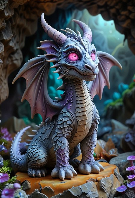 (medium full shot) of (terrifying dragon) with violet eyes, four-legged, silver grey scales, spiked scales, tattered wings, curved horns, wearing a ancient amulet, set in  a spacious mountain cave, featuring intricate rock formations, bioluminescent fungi, a magical ambiance,  Masterpiece,best quality, very aesthetic