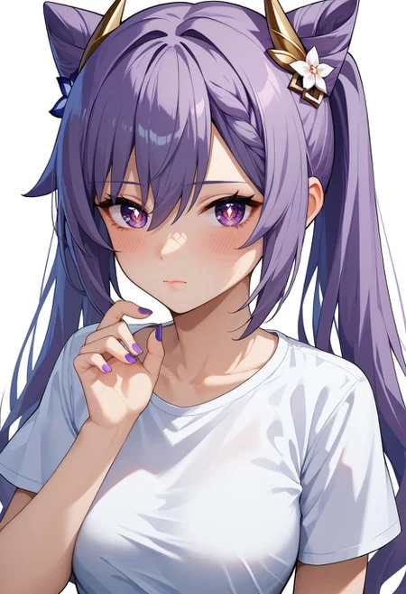 score_9,score_8_up,score_7_up, <lora:keqing_genshin_impact_pdxl_goofy:1>keqing,1girl, blush, breasts, closed mouth, cone hair bun, diamond-shaped pupils, diamond \(shape\), double bun, hair between eyes, hair bun, hair ears, hair ornament, long hair, looking at viewer, medium breasts, nail polish, purple eyes, purple hair, shirt, short sleeves, solo, symbol-shaped pupils, twintails, upper body, white background, white shirt