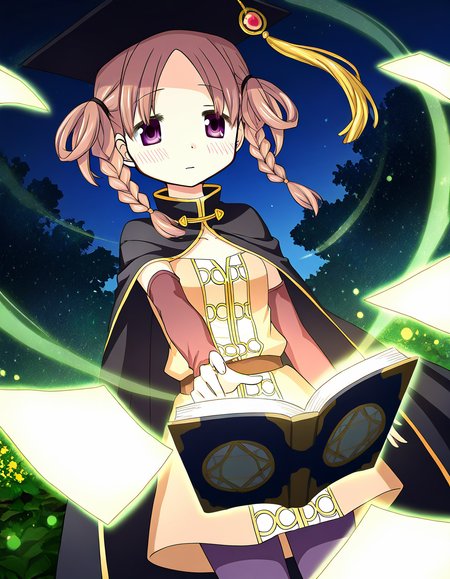 masterpiece, best quality, newest, absurdres, highres, safe, 1girl, hiiragi nemu, magia record: mahou shoujo madoka magica gaiden, open book, casting spell, paper, garden, night, dutch angle, <lora:hiiragi_nemu_noobaiXLNAIXL_vPred10Version:0.7>