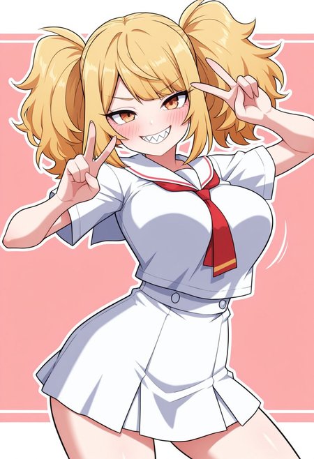 jin, source cartoon, simple shading, thick outline, angular line style, solo, 1girl, looking at viewer, blond hair, twintails, medium hair, large breasts, white school uniform, skirt, mid movement, peace, smile, blushing, motion lines, effects, sharp teeth, pose, dynamic pose