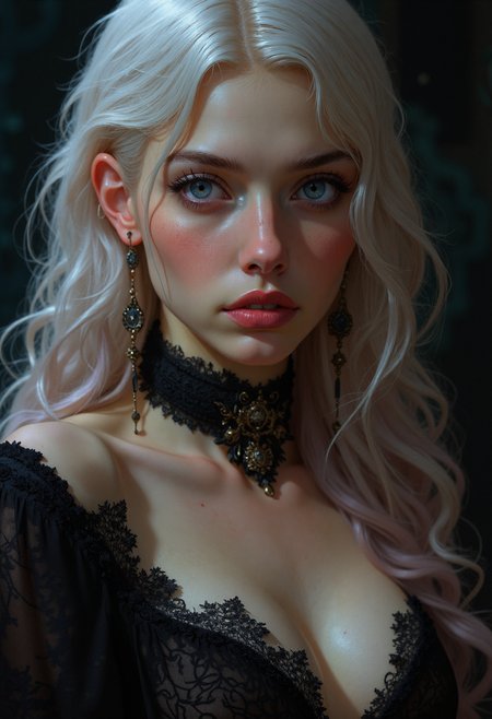  A highly detailed, photorealistic close-up portrait of a stunning young woman with long, flowing platinum blonde hair subtly tinted with pink. Her piercing blue eyes gaze directly at the viewer with a captivating intensity. She wears bold red lipstick and soft, luminous makeup that enhances her delicate features. Her attire is a gothic-inspired black lace top with intricate detailing, paired with a black choker adorned with subtle gold accents. Her look is completed with ornate, dangling black earrings that complement her gothic aesthetic. The background is softly blurred with dark, moody tones, creating a mysterious and elegant atmosphere. The lighting is soft and directional, casting a gentle glow on her face and highlighting her ethereal beauty.
 <lora:flux.1_lora_flyway_Epic-detail_v2:0.7> <lora:VividlySurreal:0.6>