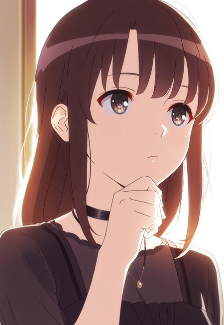 masterpiece,best quality,amazing quality, <lora:megumikatoIL:1>, katomegumi, animated, 1girl,solo,brown hair,bangs,brown eyes,pupils, long hair, black collar, black dress, hand up, jewelry, portrait, thinking, backlighting, (eye fix),(finger fix)