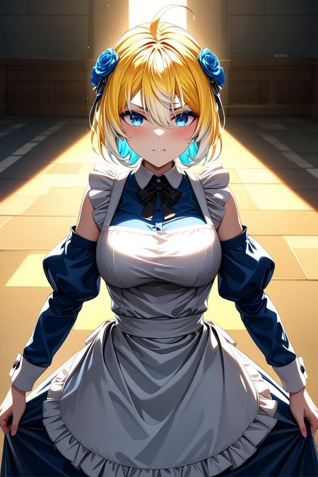 16k, 8k, 4k,
best quality, extremely detailed fine touch, hyper detailed, highly detailed, top quality, extreme quality, ultra details, absurdres, masterpiece,
amazing details, beautiful illustration, detailed face,
high resolution, highres,
digital painting, anime,
very aesthetic, natural light, sun light, light rays, dappled light, reflection, shadows, ray tracing, soft lighting,
bright colors, vivid colors, hdr, volumetric lighting,
<lora:Planya(sdxl):0.8> Planya, 1girl, blonde hair, (multicolored hair:1.5), blue hair, blue hair ends, blue eyes, ahoge, hair between eyes, bangs, looking at viewer,maid, angry face, detached sleeves, hair ornament, hair flower, large breasts, long sleeves, puffy sleeves, white apron, black bow, maid apron