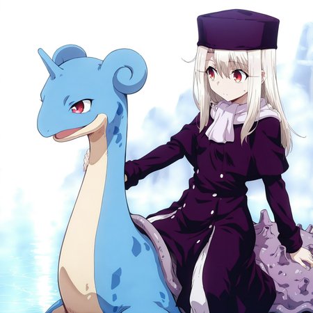 high contrast, masterpiece, best quality, amazing quality, very aesthetic, high resolution, ultra-detailed, 1girl, solo, masterpiece, best quality, amazing quality, fine details, Illyasviel, solo, breasts, flat breasts, white hair, long hair, hair between eyes, red eyes, purple headwear, papakha, white scarf, purple capelet, purple coat, long sleeves, purple coat, coat dress, long dress, white scarf, zzLapras, riding, 
