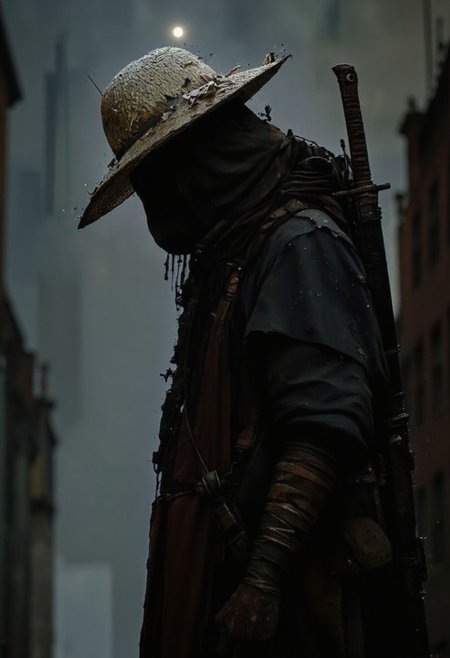A dark silhouette materializes at the end of an alley, the figure of a lone Cyber Samurai/ninja cloaked in a tattered, flowing robe. His face is partially hidden by the brim of a straw hat, water cascading from its edge. The dim light from the moon glances off the polished hilt of a katana strapped across his back. His posture is tense but deliberate, as if he senses eyes watching him from the shadows. The raindrops drum on his hat, creating a rhythmic, echoing sound.