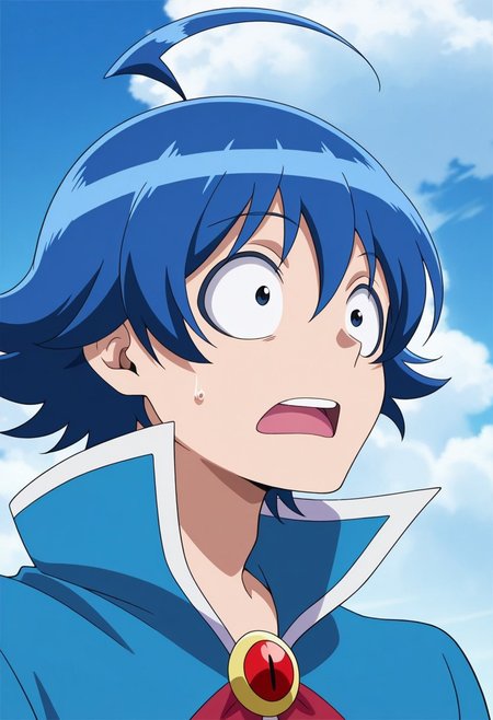 masterpiece,best quality,amazing quality, source_anime,
IrumaSuzuki, 1boy, male focus, solo, blue hair, ahoge, hair between eyes, school uniform, jacket, blue jacket, popped collar, brooch, bowtie, portrait, sweat, wide-eyed, surprised, parody,
outdoor, sky, day, clouds,