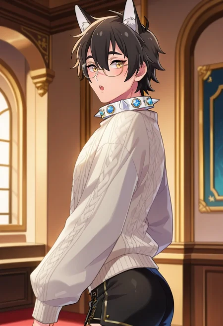 masterpiece, best quality, intricate details, anime screencap, , , looking at viewer, depth of field, 1boy, solo, male focus, <lora:garu_nu_carnival_ilxl:0.98>, garu_nu_carnival, black hair, yellow eyes, short hair, animal ears, scar, hair between eyes, spiked collar, , from side, palace, indoors, dark, yoga, :o, Cargo jogger shorts, Seersucker Wool sweater, , , Glasses
