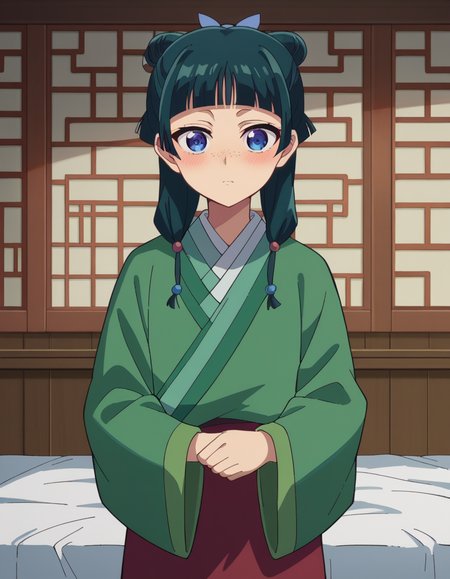 score_9, score_8_up, score_7_up, source_anime,
maomao, <lora:kusuriya-maomao-s1-ponyxl-lora-nochekaiser:1>,
maomao, long hair, bangs, blue eyes, hair ornament, green hair, blunt bangs, freckles, hair bun, single hair bun,
japanese clothes, robe, green robe, long sleeves, wide sleeves, skirt, red skirt,
indoors, bed, bed room, on side, blush, drunk,
looking at viewer, cowboy shot, dutch angle,