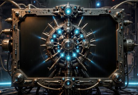 A computer monitor, encased in the dark, industrial metal frame reminiscent of the Adeptus Mechanicus' technology. The screen, initially pitch-black, begins to flicker with a faint, electric blue light. Gradually, the flickering coalesces into the unmistakable cog symbol of the Adeptus Mechanicus, an intricate design of interlocking gears that represents the faction's mastery over machinery. The cog is not static but seems to be in a state of perpetual motion, each gear rotating in harmony with the others, suggesting a complex system coming to life. The edges of the symbol are slightly distorted, as if viewed through an ancient pane of warped glass, hinting at the antiquity of the technology involved. As the cog turns, it emits a soft, pulsing light that casts eerie shadows on the surrounding metal. The background behind the cog is a deep, abyssal black, which slowly gives way to a gradient of dark greys and blues, evoking the cold vacuum of space. The cog itself is rendered in stark contrast, the gleaming metallic finish reflecting the emerging light. The fading process begins with the outermost gears slowing their rotation, their light dimming until they are almost indistinguishable from the background. One by one, the gears follow suit, the light retreating inwards until only the very core of the symbol remains illuminated.
