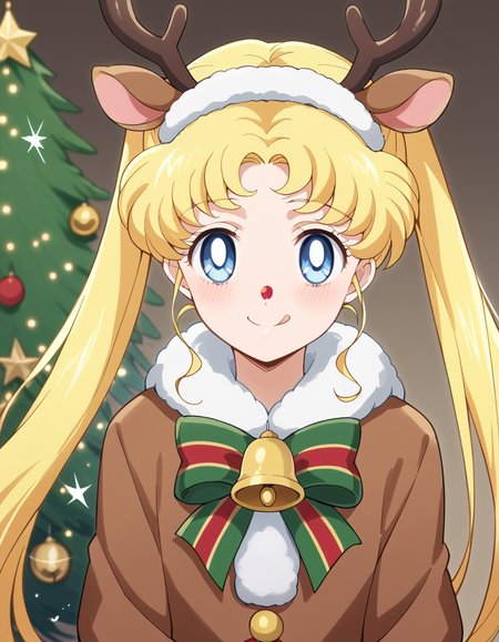 score_9, score_8_up, score_7_up, source_anime, <lora:usagi-tsukino-eternal-movie1-ponyxl-lora-nochekaiser:1>, usagi tsukino, blonde hair, blue eyes, double bun, hair bun, hair ornament, long hair, twintails, circlet, parted bangs,, <lora:reindeer-costume-ponyxl-lora-nochekaiser:1>, reindeer costume, animal costume, reindeer antlers, antlers, fake antlers, reindeer hood, christmas, red nose, deer ears, deer tail, christmas tree, bell, horns, reindeer,, blush, smile, tongue out, looking at viewer,,