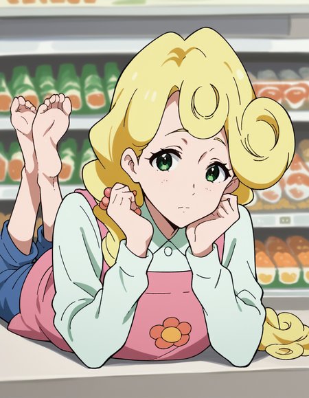 score_9, score_8_up, score_7_up, source_anime, <lora:kaori-hanase-s1-ponyxl-lora-nochekaiser:1>, kaoru hanase, long hair, blonde hair, hair over shoulder, green eyes, curly hair, otoko no ko,, apron, shirt, collared shirt, long sleeves, pink apron, denims, pants,, grocery store, cashier, shopping bag, scanning items, small talk, everyday routine, , <lora:the-pose-ponyxl-lora-nochekaiser:1>, the pose, on stomach, feet up, lying, soles, feet, legs up, head rest, barefoot, looking at viewer, solo,, dutch angle, cowboy shot