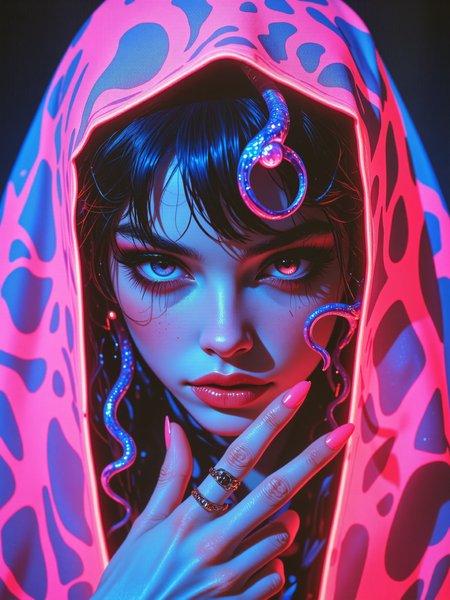 famous artwork, award-winning hyper-realistic digital illustration, highly aesthetic, portrait of a beautiful young woman, perfect hands, high resolution, uhd, 8k, 4k, dramatic, epic, meticulous, accurate, at night, dim lighting, leading lines, soon from the sea a noxious birth began; forgotten lands with weedy spires of gold; the ground was cleft, and mad auroras rolled, down on the quaking citadels of man, then, crushing what he chanced to mould in play, the idiot chaos blew earthâs dust away, black tendrils, mindless terror, maddening gaze, star-choked sky, neon hues, lovecraftian, cthulhu mythos, ovg, aidmafluxpro1.1, arsmoviestill, 80s fantasy movie still, <lora:flux_pro1.1_detailer-v0.3-flux-by_aidma:0.48> <lora:style-80s_fantasy_movie-v3-flux-by_arsmachina:0.76>