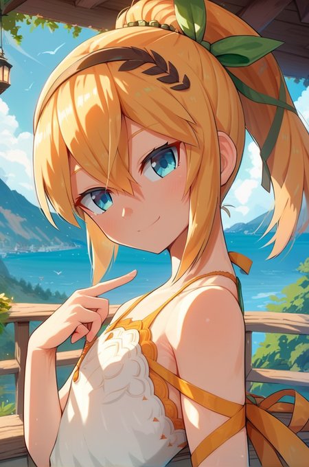 score_9, score_8_up, score_7_up, very aesthetic, source_anime, detailed, high quality, beautiful, masterpiece,
<lora:lightXL:0.8> neolight,scenery, outdoors, village, tree, mountain view, daylight,
cowboy shot, upper body,  close up, first person view, 
flat chest,  naughty  smile, dynamic pose, hand on chin, looking at viewer,
<lora:edna_v03:1>
ednadef, short hair, blonde hair, orange hair, high ponytail, blue eyes, hair between eyes, white dress, sleeveless dress, boots, leg ribbon, brown hairband,  green hair ribbon,, zPDXL