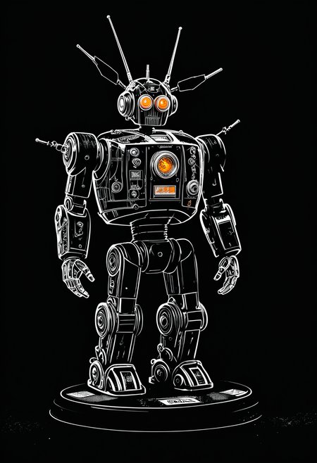 monoprone, Depicts a detailed, mechanical robot with a vintage aesthetic. The robot is predominantly orange and silver in color, with a glossy finish that reflects light. It has a robust, humanoid form with articulated limbs and a robust torso. The head is equipped with a helmet that has a green visor, and there are two antennae protruding from the top. The body of the robot is adorned with various mechanical components, including gears, pipes, and tubes. There are circular labels on the robot's torso, one of which reads 'TEMPERED'. The robot stands against a dark background, emphasizing its vibrant colors and intricate design., solo, simple background, standing, weapon, signature, no humans, military, black background, robot, mecha, science fiction, machinery, realistic, logo, antennae, emblem, cannon, retro artstyle, cable, arm cannon, dirty, damaged, hose, radio antenna, non-humanoid robot, lights, reference inset, wheel, redesign, energy cannon, roundel, walker \(robot\)