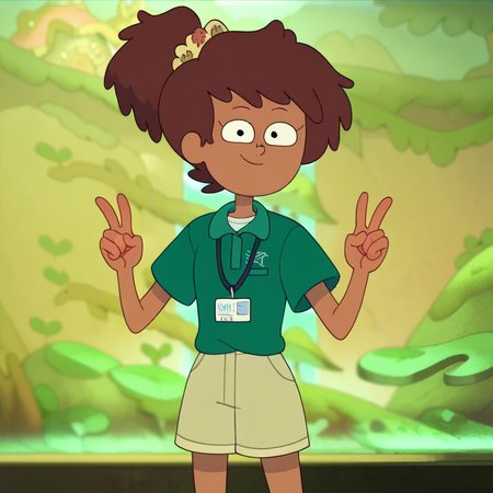 score_9, score_8_up, score_7_up, 1girl, Anne Boonchuy (Time Skip), Dark-skinned female, brown hair, green shirt, socks, lanyard, id tag, shorts, smile, looking at viewer, double v