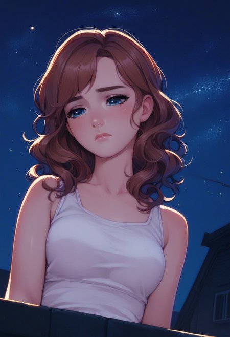 (score_9, score_8_up, score_7_up), 1girl, wide blue eyes, long wavy hair, leaning on the parapet, sad expression, looks down, dramatic light, bottom angle, dark theme, night, starry sky, rooftop,