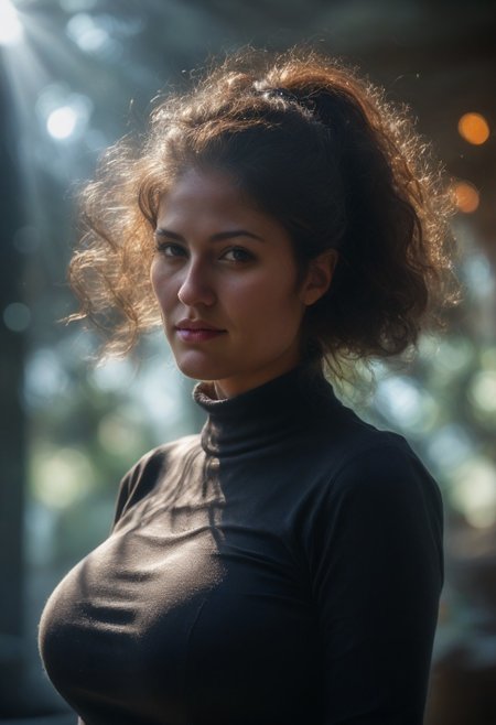 masterpiece, best quality, absurdres, photo, realistic, extremely detailed, real life photo, detailed background, 1woman, a self-portrait photograph of MyRosita2, standing still and confident after an overdeveloped super-growth spurt, wearing a tight old-rose turtleneck long sleeve shirt, the fabric visibly straining to contain her huge, wide-set breasts with natural sagging shape. Her long curly dark brown hair is tied in a high ponytail, with soft front bangs framing her flushed face.
The background is softly blurred (bokeh) with warm lights glowing in the dark, creating a dramatic, intimate contrast. Volumetric lighting softly defines her curves and skin texture. Her expression is neutral but subtly intense, aware of her own transformation. The tight shirt clings to every curve, enhancing the visual weight of her overdeveloped chest and the natural stretch of the fabric under pressure.
(score_9), (score_8_up), (score_7_up), (natural skin texture:1.3), (highly detailed skin:1.2), (strained fabric:1.4), (huge wide breasts:1.5), (realistic lighting:1.3), (soft bokeh background:1.2)