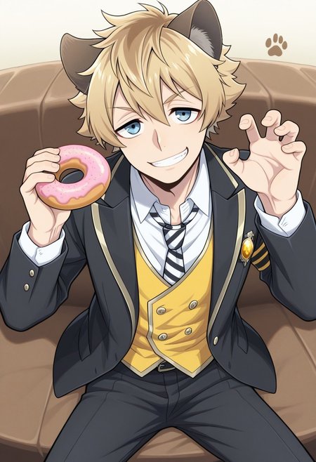 masterpiece,best quality,amazing quality, source_anime,
RuggieBucchi, 1boy, male focus, animal ears, food, blue eyes, doughnut, solo, smile, looking at viewer, holding food, holding, paw print, sitting, white shirt, claw pose, long sleeves, blonde hair, school uniform, shirt, white shirt, collared shirt, necktie, striped necktie, black and white necktie, vest, yellow vest, jacket, blazer, black jacket, open jacket,