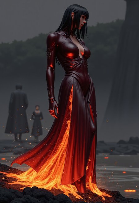 guweiz, artistic photography portrait half body female godlike concubine with perfect body wearing a dress made out of liquid lava and glowing ash, mysterious atmosphere,dull side light,cinematic masterwork