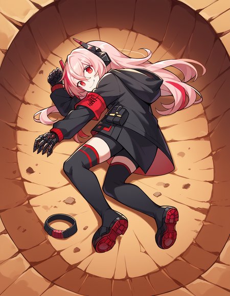 score_9, score_8_up, score_7_up, source_anime, <lora:girlsfrontline-m4-sopmod-ii-ponyxl-lora-nochekaiser:1>, m4 sopmod ii, hair between eyes, red eyes, pink hair, streaked hair, red hair, sidelocks, long hair, multicolored hair, two-tone hair,, armband, black gloves, black jacket, black scarf, black thighhighs, gloves, hair ornament, headgear, headphones, holster, hood, hooded jacket, jacket, mechanical hands, red armband, scarf, thighhighs, track jacket,, museum, exhibits, art, history, visitors, smile, <lora:yamcha-pose-ponyxl-lora-nochekaiser:1> yamcha pose, yamcha pose (meme), crater, meme, on side, defeat, lying, on ground, on floor,, looking at viewer, solo,, dutch angle, cowboy shot