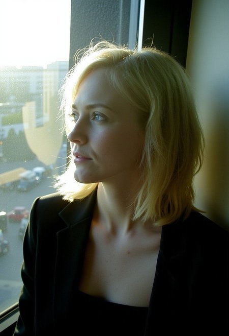 olympusd450, This is a high-resolution photograph capturing a young woman with light skin and shoulder-length, slightly wavy blonde hair. The image is taken in a side profile, with the woman gazing off into the distance, her expression contemplative. She has a slim build and is wearing a dark blazer over a black top. The lighting is dramatic, with strong sunlight streaming in from the right, casting deep shadows and highlighting the texture of her skin and the details of her facial features. Her eyes are a striking light blue, and she has a natural, subtle makeup look with a touch of mascara and a hint of pink on her lips.
The background shows a cityscape, with blurred buildings and a street visible through a glass window, suggesting an urban setting. The glass reflects the sunlight, creating a pattern of light and shadow that adds depth to the image. The overall mood is introspective and somewhat melancholic, enhanced by the soft focus on the background and the sharp, almost three-dimensional quality of the subject's face. The photograph captures a moment of quiet reflection, with the woman's profile and the play of light and shadow creating a visually striking and emotionally evocative image.