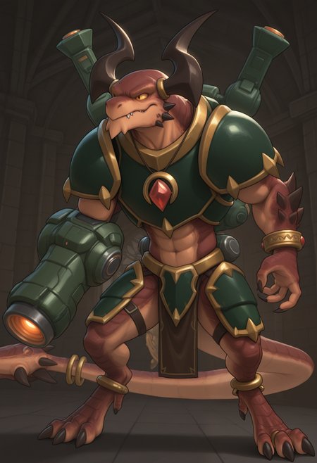 masterpiece,best quality,amazing quality, 1boy, solo, dr0g0z, dr0g0z, dragon boy, necklace, single gold anklet, single gold bracelet, gold tail rings, colored sclera, green chest plate, green pauldrons, green leg armor, pelvin curtain, green jetpack, weapon, arm cannon, slit pupil,