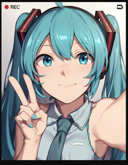 hatsune_miku, solo, 1girl, smile, adorable face , cute, long eyelashes, elbow out of frame, one hand out of frame, necktie, selfie, closeup, recording, pov, v sign, upper_body score_9, score_8_up, score_7_up, score_6_up, score_5_up, score_4_up, source_anime, BREAK  <lora:Nagioka_Artist_Style_ponyXL-000017:1>