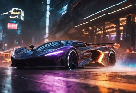 detailed super sport car, sharp edges, sharp focus, close-up, futuristic, <lora:Cbebop-background:1.5>, high quality, high resolution, art by Cain Kuga, night, breathtaking scenary,  high-tech,  cyberpunk, volumetric lighting, long exposure, speed effect, raining,