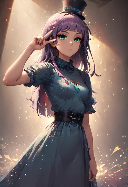 SFW, rating_all, dutch angle shot, cowboy shot, score_10, score_8_up, score_7_up, (((human))), 1female, (((solo))), ((Maud Pie)) in an (((idol dress))), (((expressionless face))), (mini top hat), beautiful, detailed, vector, flat colors, (((proper finger anatomy))), ((v over eye)), glitter, sparkles, mad-confetti-explosion, perfect lighting, looking at viewer, detailed background, beautiful face, stage, (((no extra fingers)))