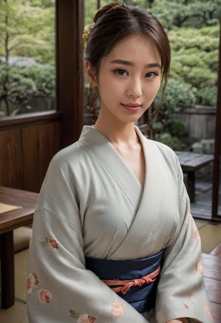 From frontal below :1.3,(dark background:1.3),(sitting behind wood table:1.631),(restaurant at ryokan:1.2),(Japanese tea cups and sukiyaki on table:1.63),(beautiful real texture :1),smile face:1,(royal),10k,(real skin texture:1),high resolution,(one 32 years old elegant Japanese woman wearing in colored long kimono:1.2), (looking at garden :1.4),exquisite face:1,(163cm tall:1),(fine wrinkle  :1.),(detailed innocent girls face:1.), NegfeetV2,(symmetrical),(small single chignon:1), ((one side )breast out:1.4)