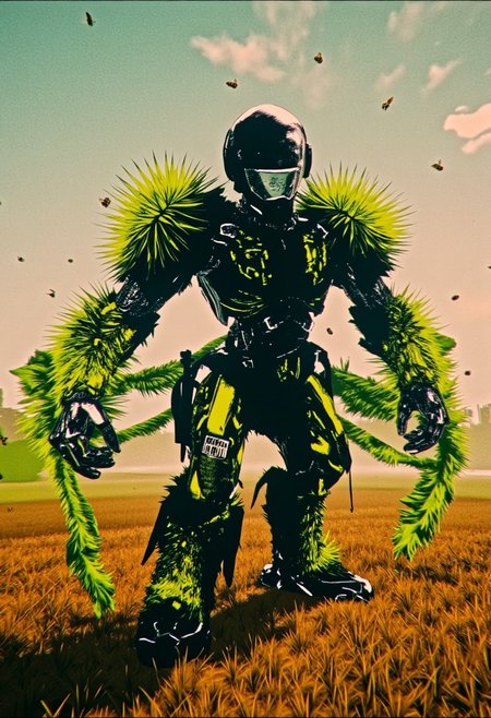 darkcomic, darkcomic, A humanoid robot with glowing green vines growing from its arms, standing in a sunny sunflower field with bees buzzing around