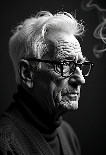 A highly detailed, black-and-white, silhouette, closeup, professional photo portrait of a old man with wrinkles and white hair. He has tanned skin and sad eyes framed by big glasses. His hair is short and white. He wears an elegant sweater. The background is pitch black, with smoke behind the woman, creating a dramatic contrast with hia tanned skin and white hair, drawing the viewerâs focus entirely onto her. The lighting, hitting only one side of his face, is hard in chiaroscuro style, giving depth to her features and an air of mystery. The overall style blends gothic and fantasy influences, with a strong emphasis on realism and a refined sense of elegance and enigma.