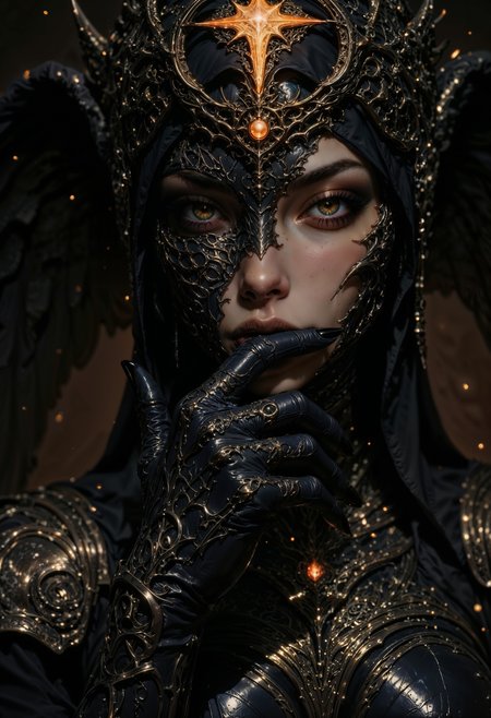(amazing transcendental's dream:3.5) The scene depicts a seraphic figure, her face partially hidden behind a gloved hand covered in smooth, raven-black leather. Her sharp features, etched with elegance, are accentuated by the faintest flicker of silver light across her lips. Her eyes, glowing with molten gold, are piercing and unblinking, as if they are capable of burning through reality itself. The fingers of her gloved hand are tipped with obsidian-like talons, each glinting in the dim light. Faint symbols swirl beneath the leather, as if alive with hidden energy. At her throat, a blackened halo pendant glows dimly, casting light onto the smooth, metallic armor woven into her midnight gown. The dark shadows behind her shift constantly, as though alive, and faint wings made of shadow and flame flicker at her back. (maximum ultra high definition image quality and rendering:3), maximum image detail, maximum realistic render, (((ultra realist style))), realist side lighting, , 8K high definition, realist soft lighting, (amazing special effect:3.5)