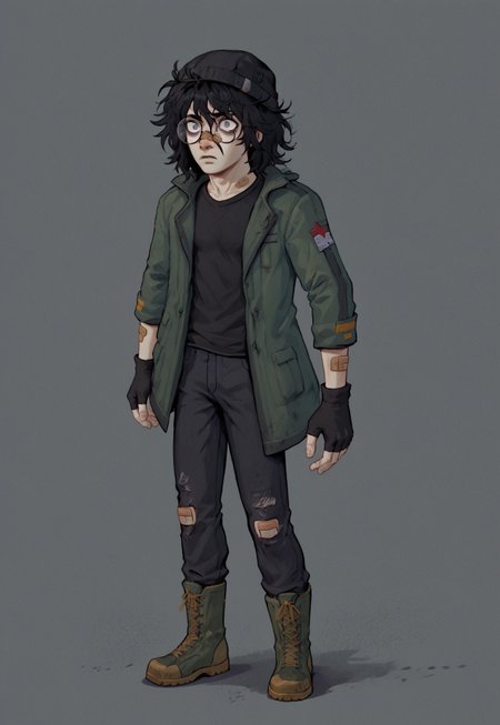 score_9, score_8_up, score_7_up, masterpiece, solo, dr_kel, 1boy, slim male, medium hair, black hair, messy hair, black hat, black beanie, bandaid on nose, glasses, round eyewear, green jacket, black shirt, black pants, boots, fingerless gloves, bags under eyes, hood,
