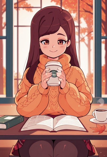 Tiaramisstsu, shoulder-length brown hair, straight hair, side-swept bangs, hazel eyes, warm smile, cozy sweater, oversized turtleneck, long sleeves, plaid skirt, black tights, sitting at café table, holding coffee cup, open book on table, blurred background, soft lighting, sunlit window, bokeh effect, warm ambiance, autumn colors, relaxing atmosphere, cinematic framing, absurdres, 8k, masterpiece,
