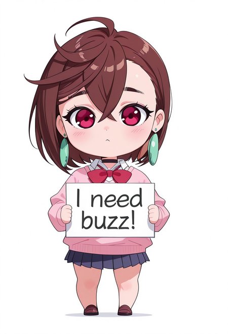 masterpiece, need_buzz, holding sign, sousou no ayasemomo, momo,chibi,chibi style, 
1girl, solo, white background, hair between eyes, crossed bangs, green earrings,  brown hair, red eyes, black choker, short hair, white shirt, red bowtie,pleated skirt,school uniform, pink cardigan, long sleeves, full body,