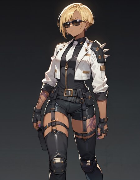 score_9,score_8_up,score_7_up,score_6_up,dark background,1girl,f4tal3,black fingerless gloves,dark skin,black thighhighs,white jacket,dark-skinned female,thigh boots,blonde hair,belt,short hair,black shorts,knee pads,full body,from behind,rectangular tinted sunglasses,white necktie,arm tattoo,shoulder spikes,black shirt,earrings,belt pouch,purple nails,leg tattoo,zipper,long sleeves,holster,     <lora:MyTrainings\Temp\Mad_Maggie_Furious_Fatale_XL_Pony_ARZUMATA-000009.safetensors:0.5>