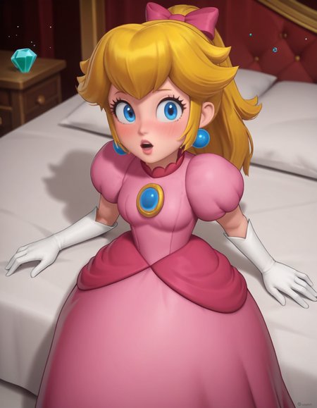 score_9, score_8_up, score_7_up, source_anime, <lora:princess-peach-showtime-ingame-ponyxl-lora-nochekaiser:1>, princess peach, blonde hair, blue eyes, long hair,, crown, dress, gem, gloves, pink dress, puffy short sleeves, puffy sleeves, short sleeves, white gloves,, indoors, bed, bed room, on side, blush, drunk, looking at viewer, solo,, cowboy shot, dutch angle