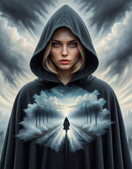 luxart 1girl, solo, looking at viewer, sky, cloud, hood, cloak, hood up, hooded cloak(,digital art oil painting,ink,charcoal,double exposure)glass  painting<lora:luxart:1.2>