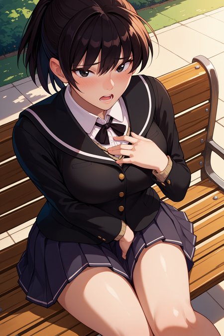 score_9, score_8_up, score_7_up, score_6_up, source_anime, 1girl, solo, <lora:tsukaharahibiki-pdxl-nvwls-v1-000005:1> amagamiHT, black hair, ponytail, black eyes, black blazer, black sailor collar, collared shirt, neck ribbon, dark grey skirt, pleated skirt, big breasts, sitting, from above, looking at you, open mouth, blush, embarrassed, hand on own chest, bench, park, sunset