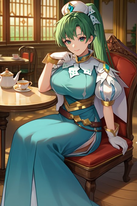 score_9, score_8_up, score_7_up, score_6_up, source_anime BREAK 1girl, solo <lora:lyn-pdxl-nvwls-v1-000005:1> respLyn, green hair, high ponytail, hat, white capelet, blue dress, side slit, puffy sleeves, white sleeves, sash, belt, white gloves, big breasts, sitting in chair, indoors, table, chair, mansion, tea, looking at you, smile