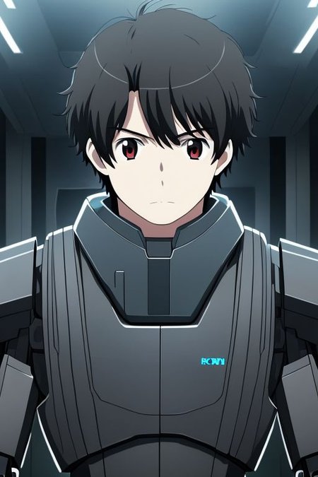 high resolution, solo, best quality, 1Boy, Portrait, Inaho Kaizuka, Black Hair, standing in front of the robot, mecha style,
