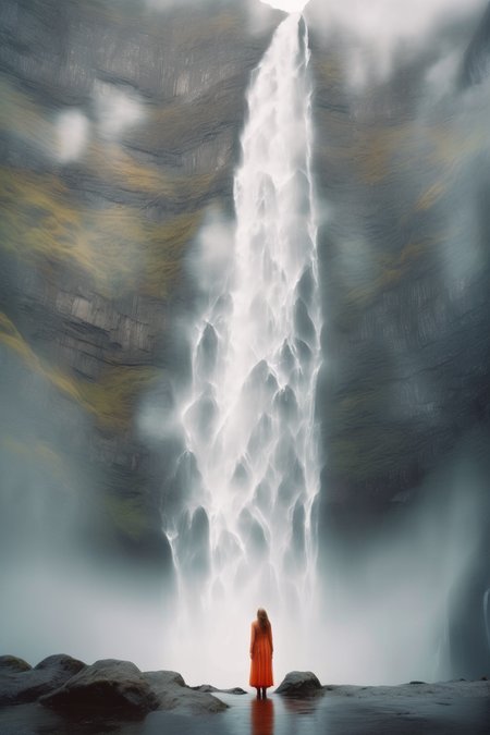 <lora:Elizabeth Gadd Style:1>Elizabeth Gadd Style - Drawing on the ethereal qualities found in Elizabeth Gadd's work, use the Nikon AF-S NIKKOR 14-24mm f/2.8G ED lens to frame a single individual gazing up at the awe-inspiring mountain waterfall. Their tiny figure should provide a sense of scale and highlight the incredible grandeur of the natural world.