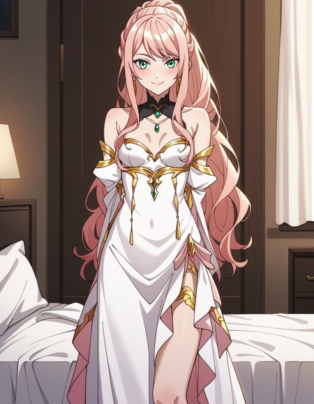 score_9, score_8_up, score_7_up, source_anime, uncensored, <lora:StS_detail_slider_v1:3>, zPDXLxxx, <lora:Lexia_Von_Arselia_PONYXL_VexVexX:1>, LexiaVonArselia, green eyes, pink hair, blonde hair, long hair, ponytail, wavy hair, bangs, makeup, medium-small breasts, dress, long dress, white dress, bare shoulders, jewelry, detached sleeves, detached collar, cowboy shot, bedroom, from back, standing, hands behind back, nipple bulge, thighs, looking at viewer, smile,