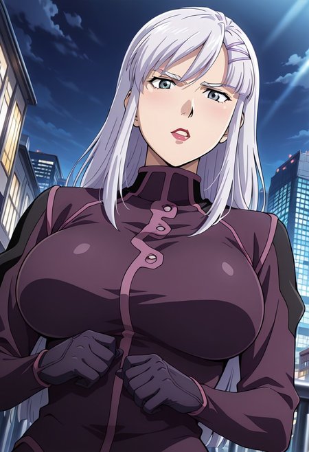((masterpiece, absurdres)), best quality, amazing quality, newest, 4k, anime coloring, very aesthetic, ray tracing, Smooth Quality, CG, source_anime, nora polyansky,1 mature female, grey eyes, white long hair, hairclip,purple  military uniform,gloves,city view, street view,mad expression