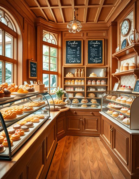 A beautifully designed, elegant pastry shop with a luxurious European-inspired aesthetic. The interior features intricate moldings, high ceilings, and large arched windows that allow natural daylight to stream in, casting a soft glow over the polished marble floors. The walls are adorned with pastel-colored wallpaper, delicate gold accents, and vintage-style framed paintings of pastries and tea sets.
The centerpiece of the shop is a long glass display case filled with an exquisite assortment of pastries, including colorful macarons, delicate éclairs, fruit tarts with glistening glaze, and elegantly decorated cakes with intricate sugar flowers. Behind the counter, shelves lined with neatly arranged boxes of artisanal chocolates, fine teas, and jars of homemade jam add to the refined atmosphere. Crystal chandeliers hang from the ceiling, casting a warm golden light that reflects off the glass surfaces.
Small round tables with marble tops and wrought iron chairs are arranged neatly throughout the space, each set with fine porcelain teacups and decorative napkins. A large antique-style clock hangs on the wall above a wooden shelving unit filled with fresh baguettes and croissants resting in woven baskets. The air is filled with the inviting scent of fresh-baked pastries, vanilla, and rich espresso.
In the background, a grand espresso machine with polished brass fittings sits atop a marble counter, next to a beautifully arranged tiered cake stand displaying freshly made confections. A large, arched doorway with a carved wooden frame leads to a cozy back room with additional seating and a vintage-style menu board showcasing the shop's specialties written in elegant calligraphy. The entire setting evokes a sense of refinement, charm, and indulgence, with a warm and welcoming ambiance.
<lora:SDXLFaeTastic2400:0.4> <lora:extremely_detailed:0.4> extremely detailed, <lora:elegant_p4stry_sh0p_illus:1>,elegant p4stry sh0p, Masterpiece,best quality,hi res,8k,hi res,8k,award winning,(sharp focus, intricate, highly detailed),