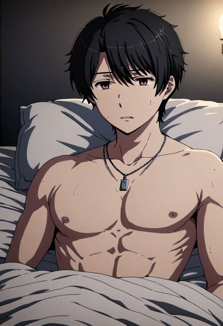high resolution, solo, best quality, 1Boy, Inaho Kaizuka, Black Hair, bedroom, dimly lit, pillow, blanket, necklace, upper body quarter, shirtless, sixpack, horny, OverallDetail