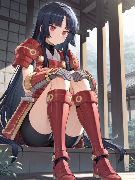 legendary six samurai - mizuho,solo,red eyes,sitting,hands on own knee,closed mouth,1girl,red armored gloves,red armored knee boots,black shorts,red armored skirt,red breastplate,white shirt,east asian architecture,red forehead mark,
masterpiece,best quality,amazing quality,very aesthetic,absurdres,newest,<lora:Legendary Six Samurai - Mizuho illuXL v1:0.75>,